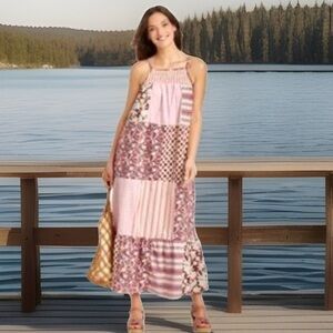 Universal Thread Patchwork Tiered Maxi Dress Small Smocked Festival Hippie Chic